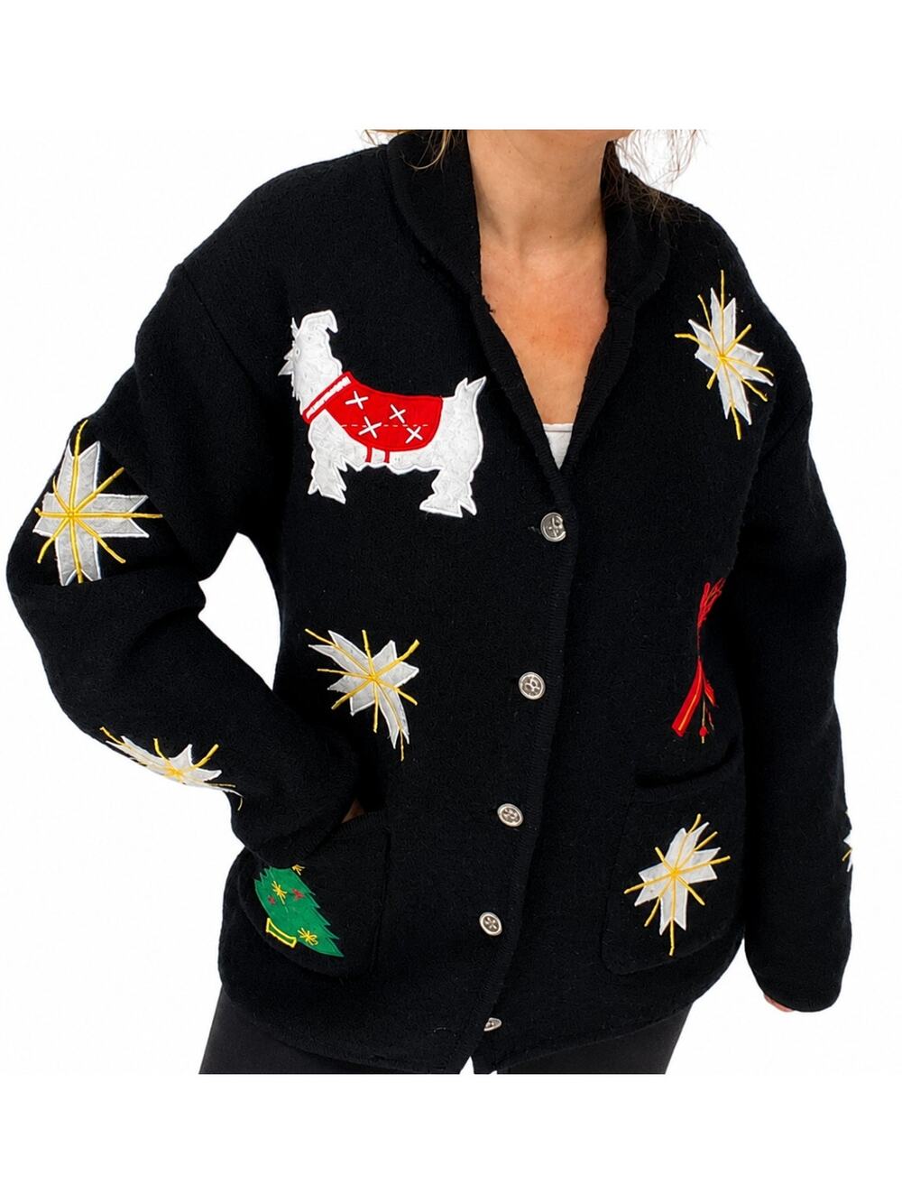 Vintage Christmas Cardigan Wool Applique Dog Snowflake Tree Sweater L
